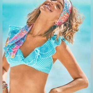 Lilly Pulitzer Aqua Gingham Ruffle Bikini Top